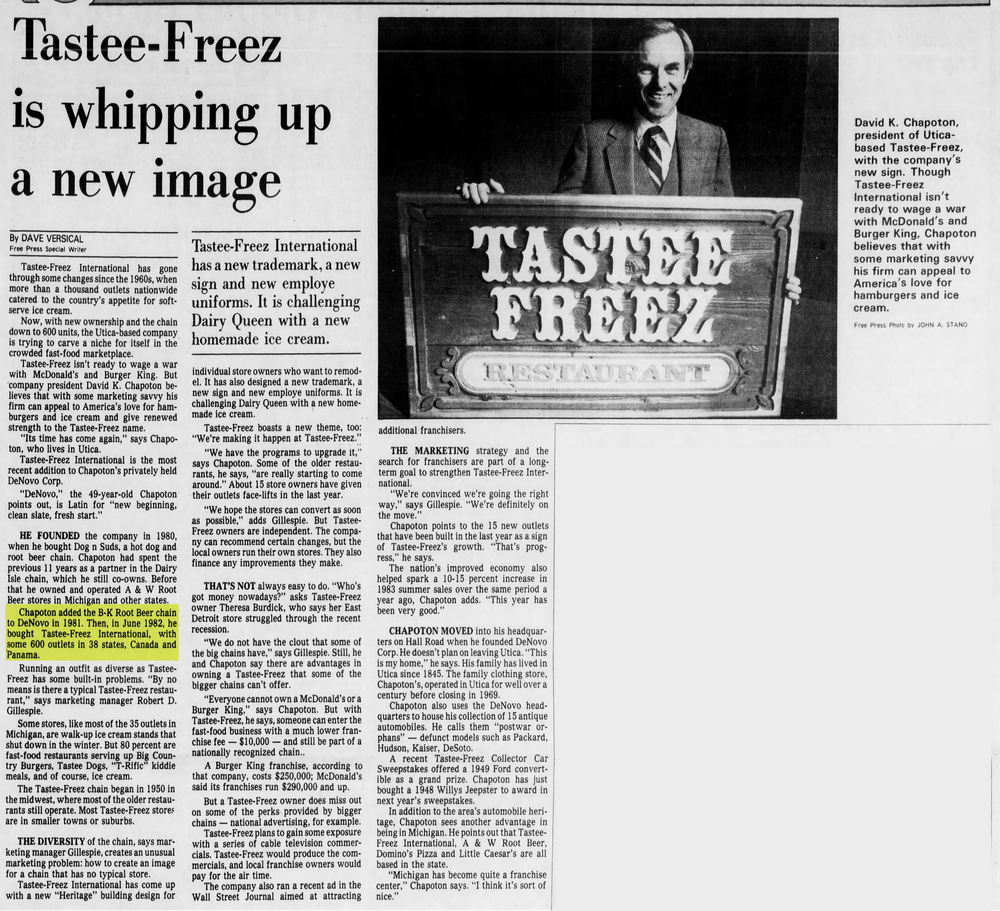 B-K Root Beer - Nov 3 1983 Article About Tastee-Freez Taking Over B-K (newer photo)